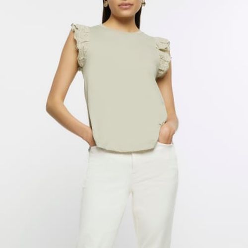 River Island Womens Khaki Broderie Frill Sleeve Tank Top