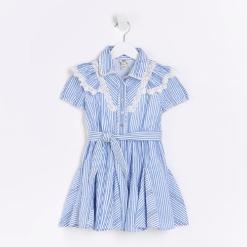 River Island Mini Girls Blue Stripe Belted Shirt Dress