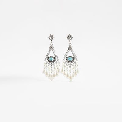 River Island Womens Silver pearl drop earrings Compare Trinity