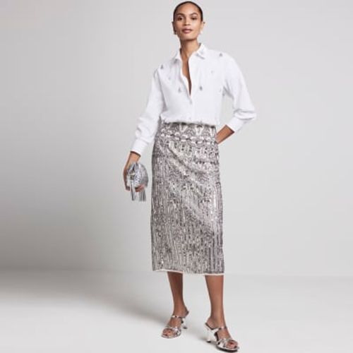 Sia Sequin Midi Skirt Silver