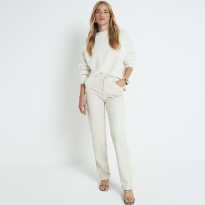 River Island Womens Beige Faux Leather Straight Leg Trousers