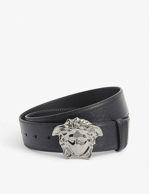 Medusa-buckle leather belt