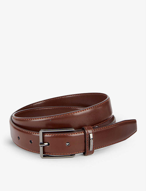 Logo-engraved leather belt