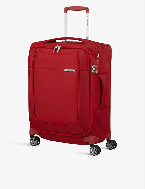 Spinner branded woven suitcase