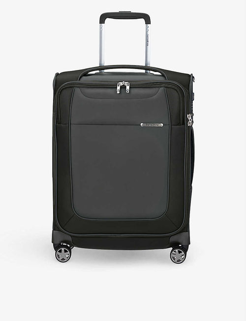 Spinner branded woven suitcase