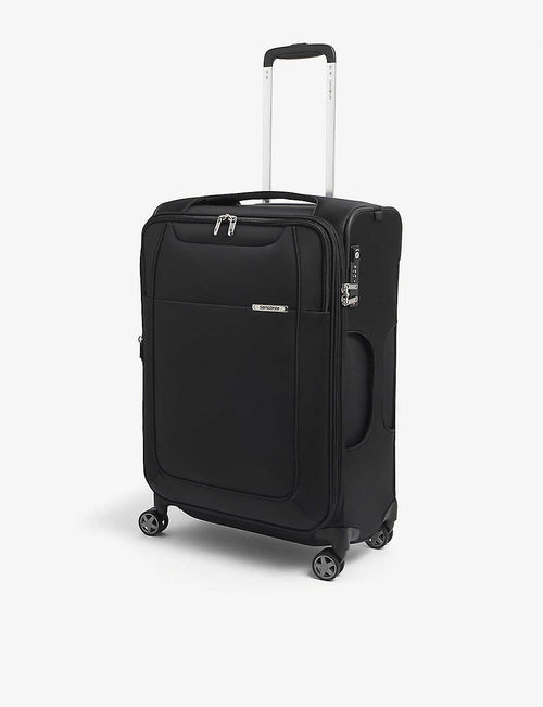 Spinner branded woven suitcase