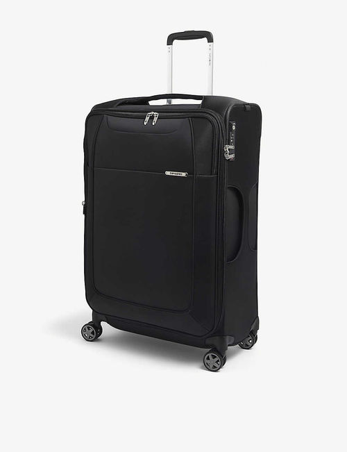 Spinner branded woven suitcase