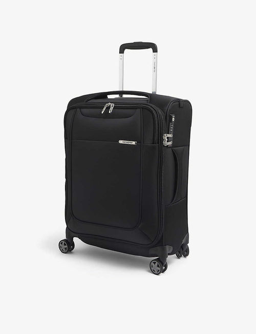 Spinner branded woven suitcase