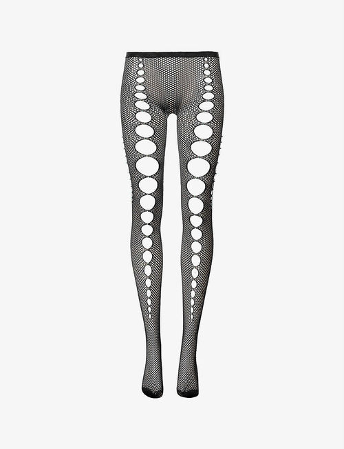 Fishnet cut-out stretch-knit...