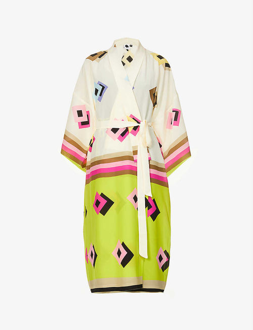 Geometric-pattern silk kimono