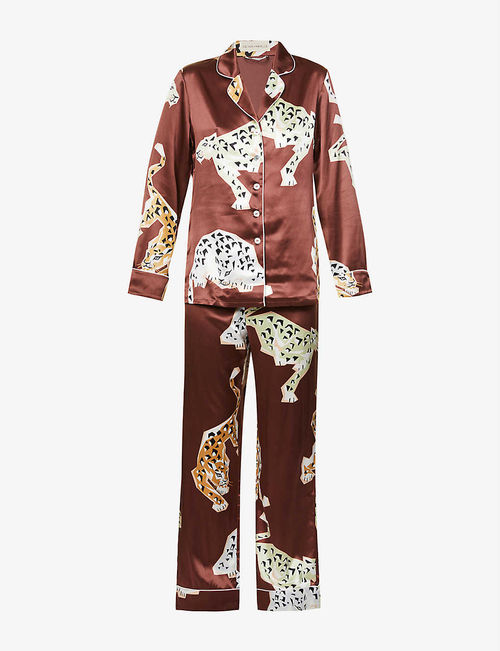 Lila cat-print silk pyjama set