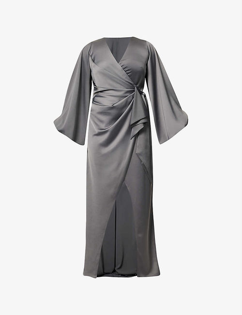 Wrap-over V-neck satin gown