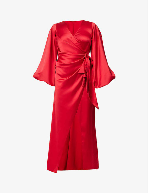 Wrap-over V-neck satin gown