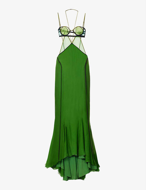 Cut-out sheer-panel silk maxi...