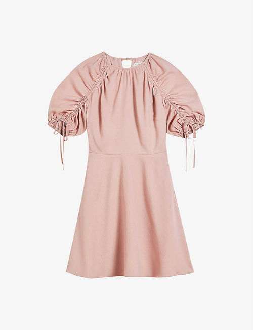 Ruched-sleeves woven mini...