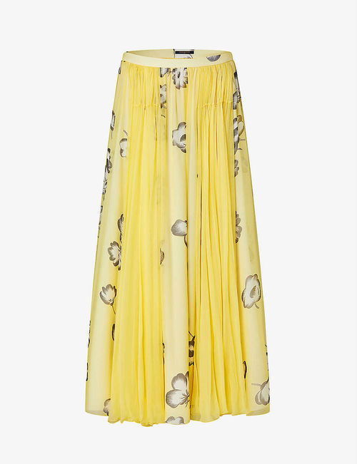 Floral-print pleated silk...