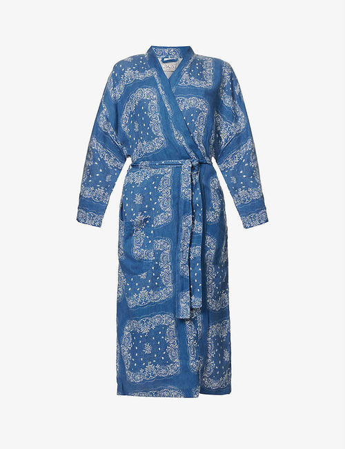 Bandana-print linen robe