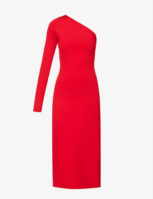 One-sleeve stretch-woven midi...