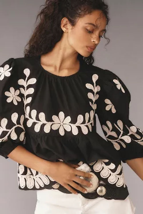 By Anthropologie Crew-Neck Embroidered Blouse