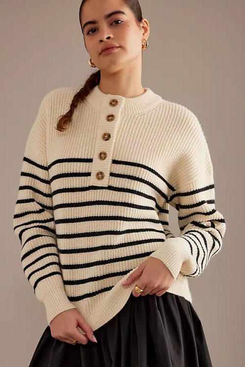 Stripe Placket Crew Neck...