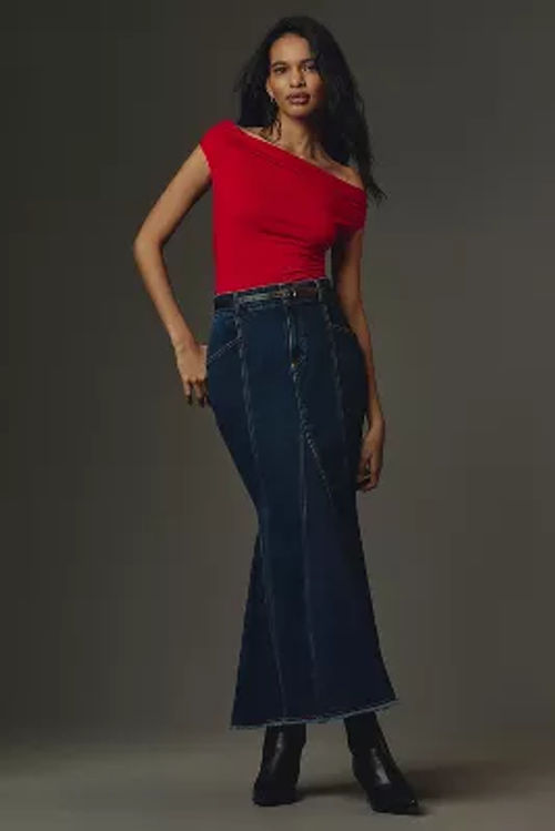 Pilcro Fluted Denim Maxi Skirt