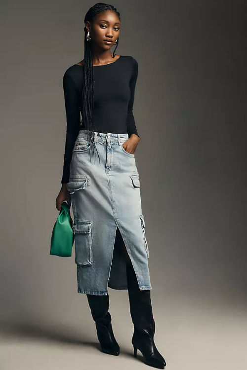 Pilcro Cargo Denim Midi Skirt