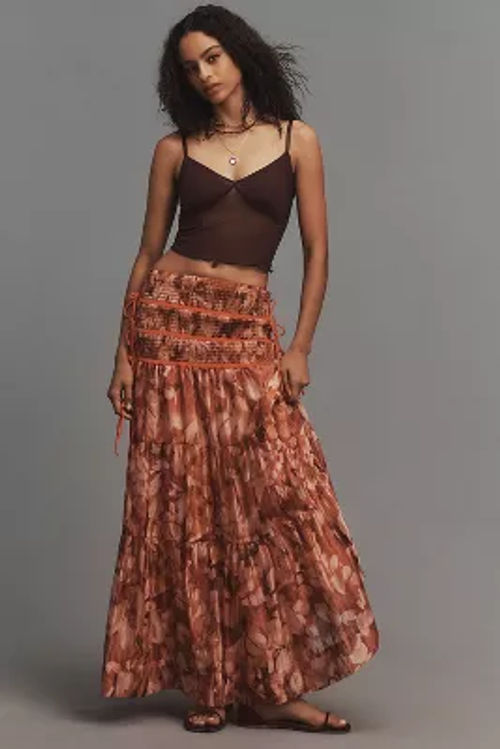 By Anthropologie Sheer Tie-Side Tiered Maxi Skirt