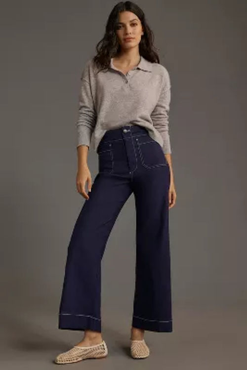 The Colette Contrast-Stitch Cropped Wide-Leg Trousers by Maeve