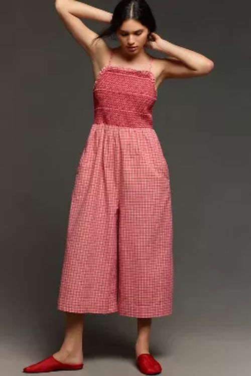 Maeve Smocked Basque-Waist Jumpsuit