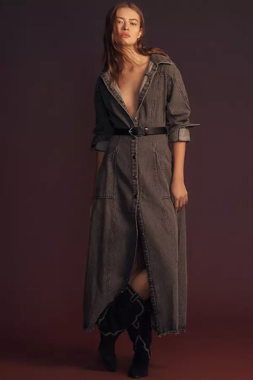 Long-Sleeve Denim Maxi Shirt...