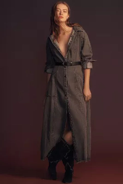 Long-Sleeve Denim Maxi Shirt...