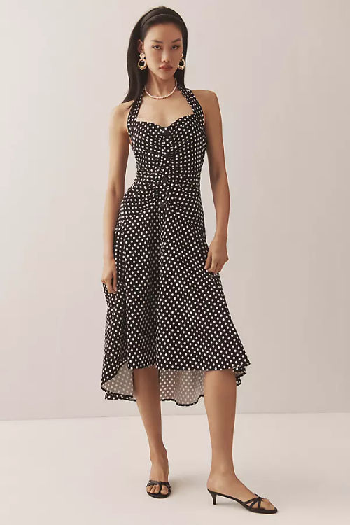 Maeve Halter Ruched Midi Dress