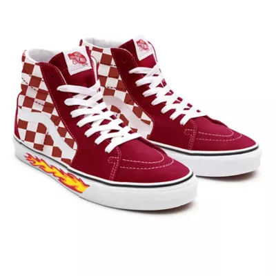 Red and white on sale checkered high top vans