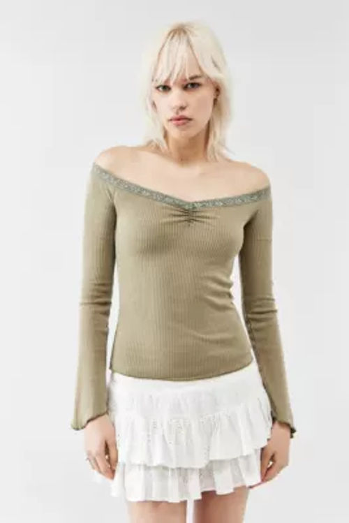 BDG Rhia Ribbed Off-The-Shoulder Top - Green S at Urban Outfitters