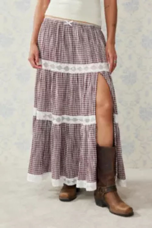 Kimchi Blue Celia Gingham Maxi Skirt - Brown XL at Urban Outfitters