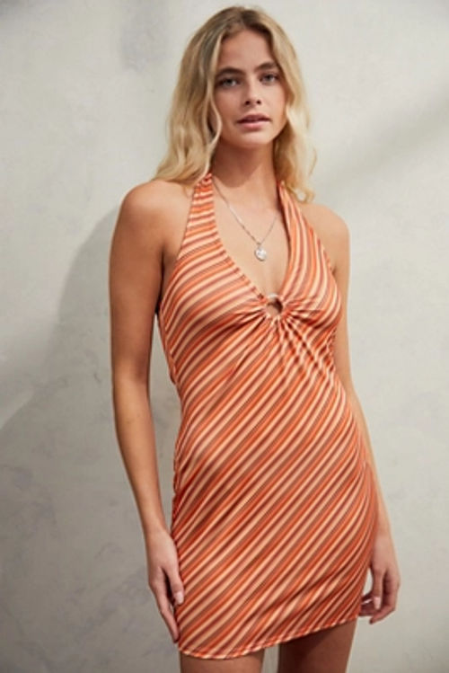 Uo Slinky Halterneck O Ring Stripe Dress Orange M At Urban Outfitters 21 00 Trinity Leeds