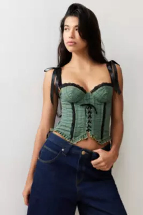Out From Under Check Corset - Dark Green XL at Urban Outfitters