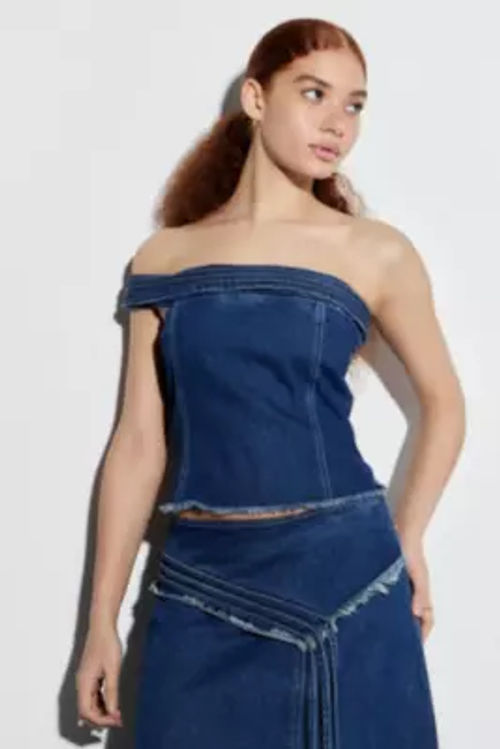 Lioness Madame Asymmetric Off-The-Shoulder Denim Top - Tinted Denim M at Urban Outfitters