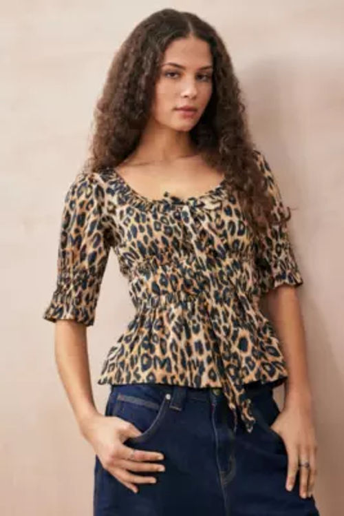 Damson Madder Leopard Print Bianca Ruffle Blouse - Brown UK 8 at Urban Outfitters