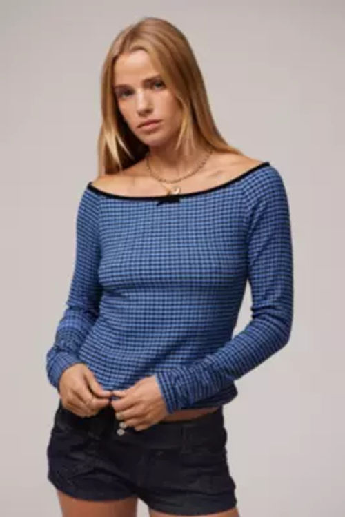 Archive At UO Nicole Gingham Off-The-Shoulder Top - Blue L at Urban Outfitters
