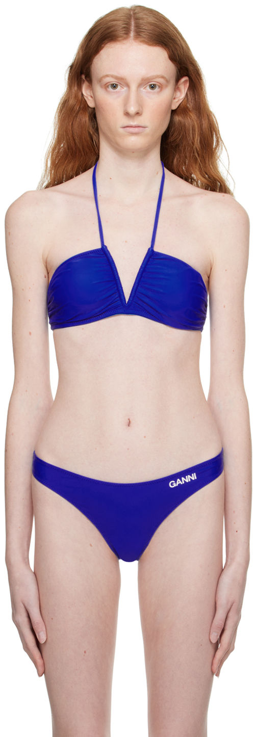 GANNI Blue Ruched Bikini Top