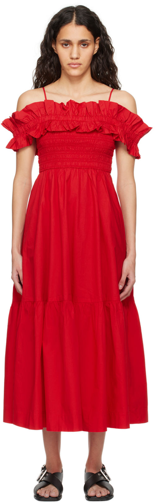 GANNI Red Smock Midi Dress