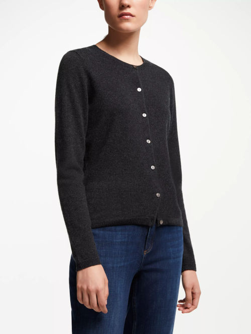 John Lewis Cashmere Crew Neck Cardigan, Grey at John Lewis & Partners