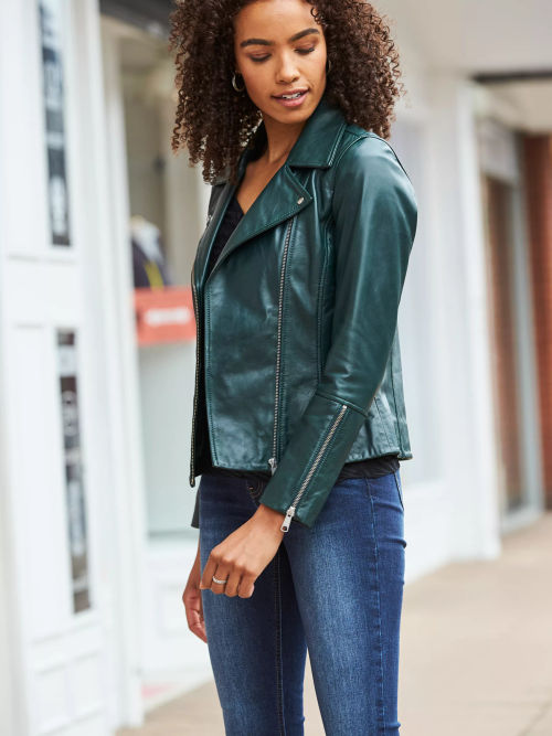 Whistles Agnes Leather Biker Jacket, Dark Green at John Lewis