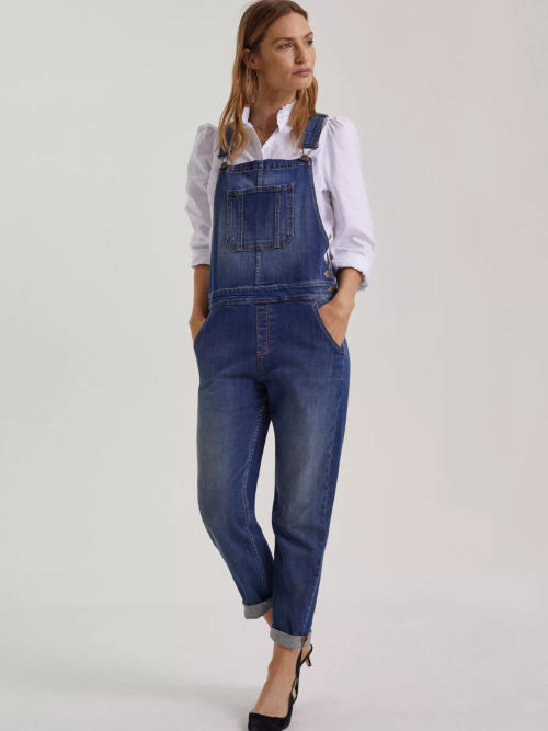 Baukjen Thandi Organic Cotton Wide Leg Dungarees, Dark Denim at