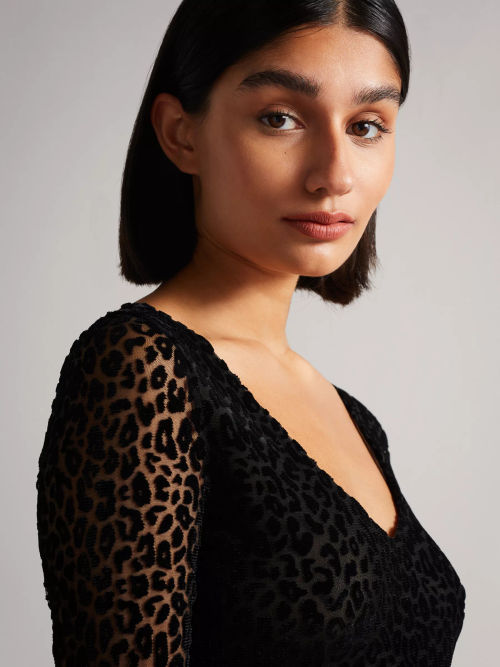 Buy Matella Floral Mesh Bodysuit With Animal Texture Black Ted