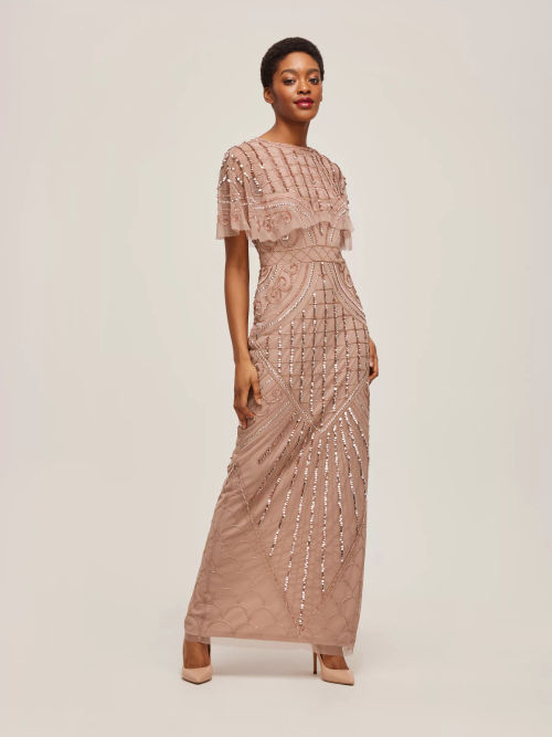 Luciene Long Sleeve Embellished Maxi Dress in Blush Pink – Lace & Beads