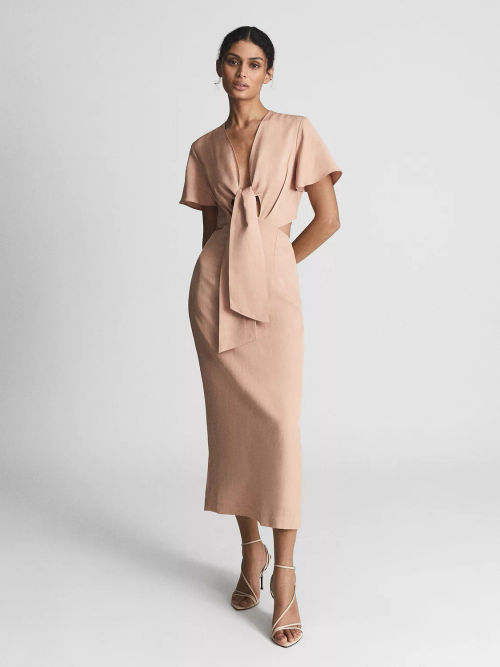 Reiss Iona Tie Detail Linen Blend Pencil Midi Dress, Blush, Compare