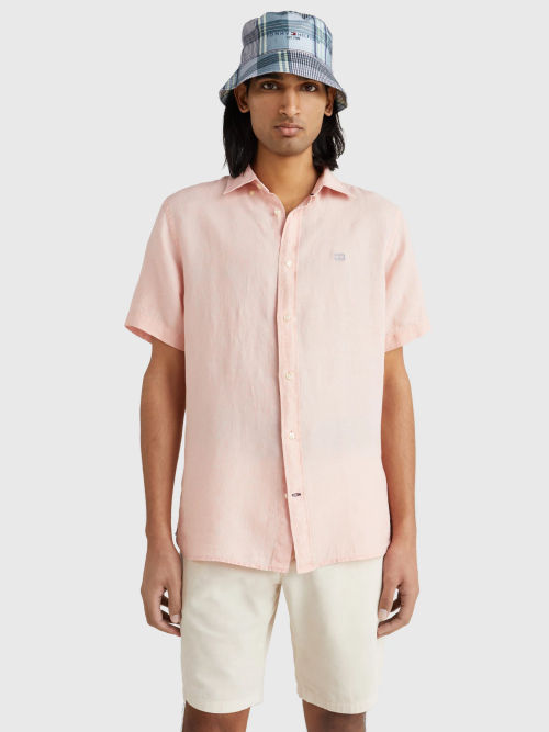 Tommy Hilfiger Linen Short Sleeve Shirt, Peach Dusk at John Lewis & Partners