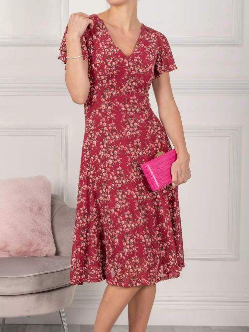 Jolie Moi Long Sleeve Floral Mesh Midi Dress, Scarlet/Multi at John Lewis &  Partners